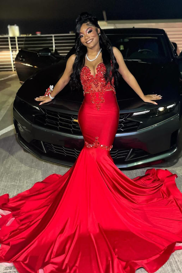 Sexy Glamorous Red Crystal Mermaid Sleeveless Prom Dress