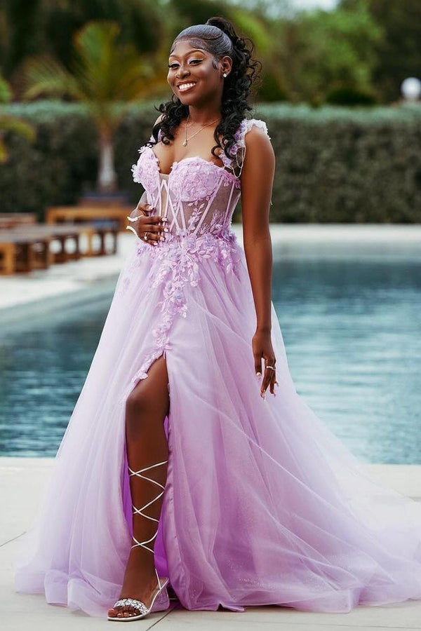 Pink Straps Tulle A-Line Side Slit Appliques Evening Dress