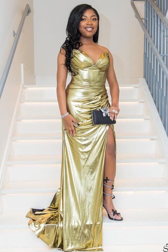 Simple Gold Sweetheart Ruffles Side Slit Evening Dress