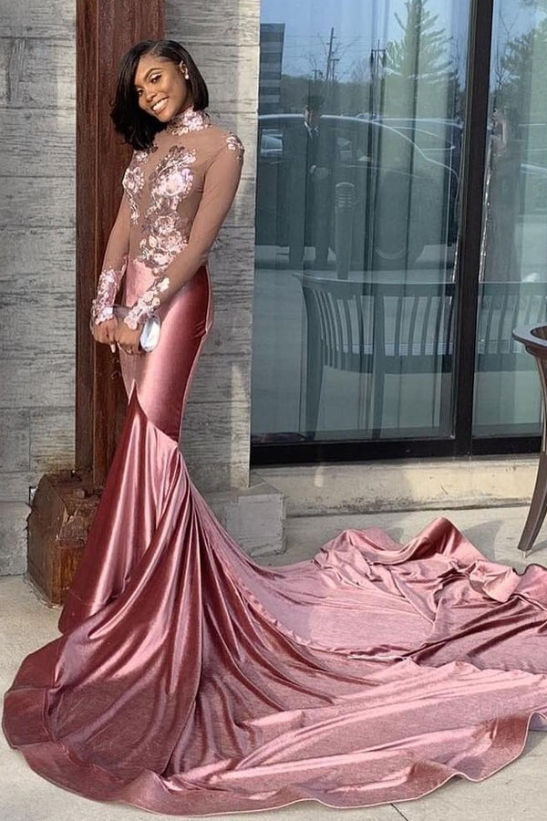 Sexy Pink High Neck Appliques Long Sleeves Prom Dress