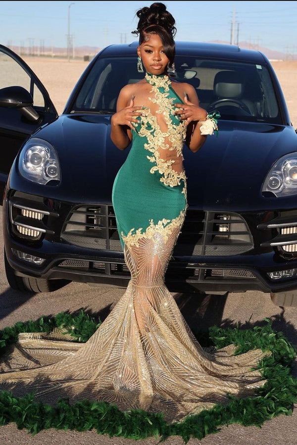 Sexy Green High Neck Sheer Tulle Prom Dress with Fur