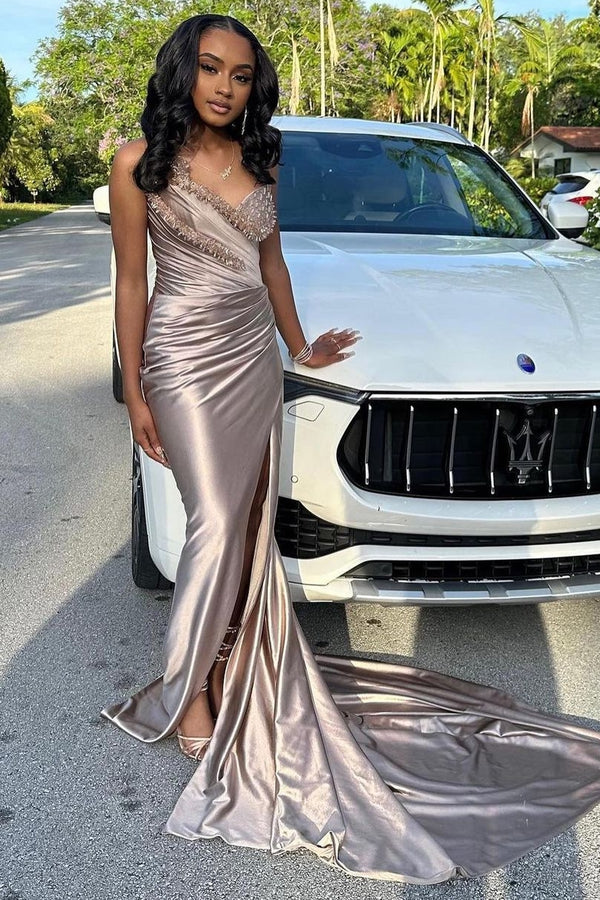 Gorgeous One Shoulder Side Slit Ruffles Evening Dress with Beadings