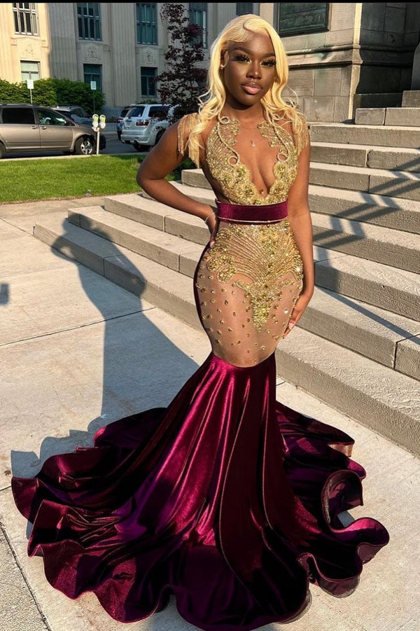 Glamorous Burgundy Sheer Tulle Crystal Prom Dress