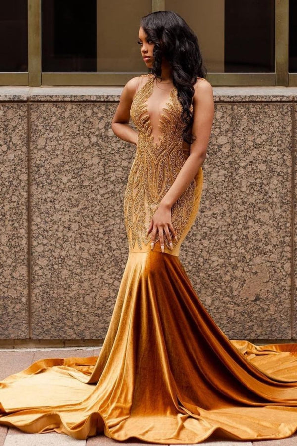 Gold Brown Velvet Sheer Tulle Mermaid Prom Dress