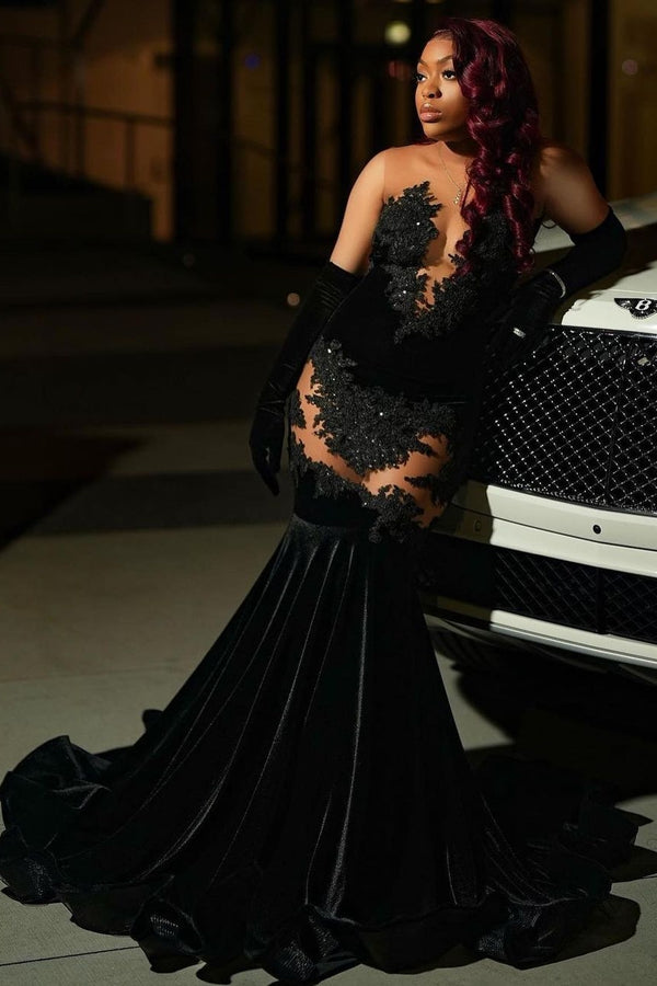 Sexy Black Appliques Mermaid Velvet Prom Dress with Beadings
