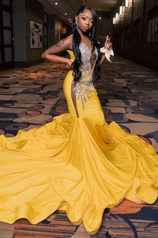 Fashion Yellow Sheer Tulle Crystal Mermaid Prom Dress