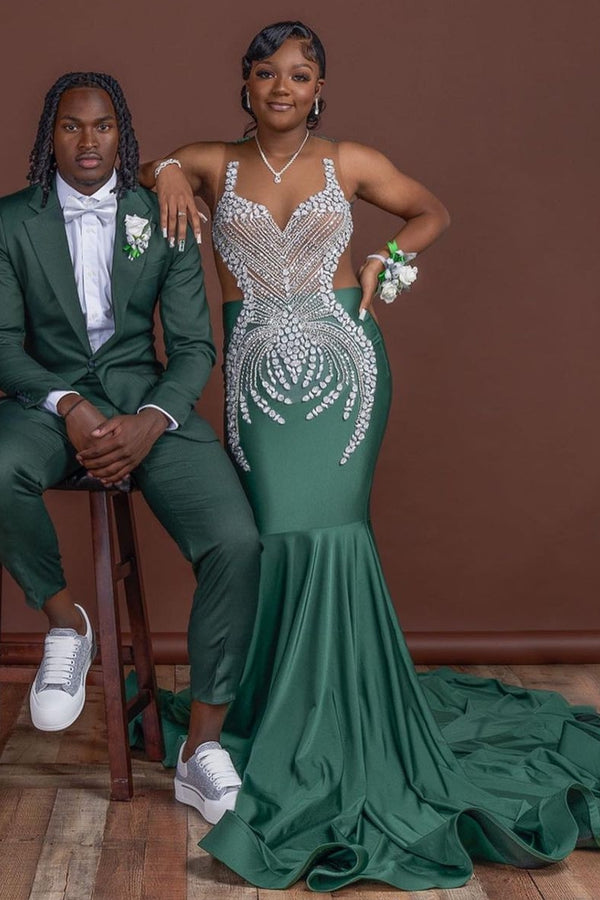 Elegant Green Crystal Sleeveless Mermaid Prom Dress