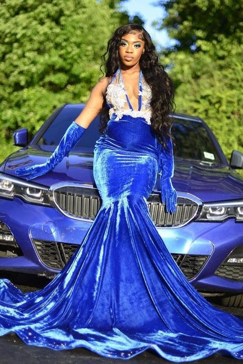 Royal Blue Halter Open Back Velvet Appliques Prom Dress