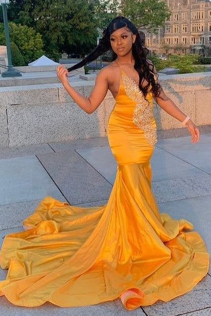 Gold Halter Appliques Open Back Mermaid Prom Dress