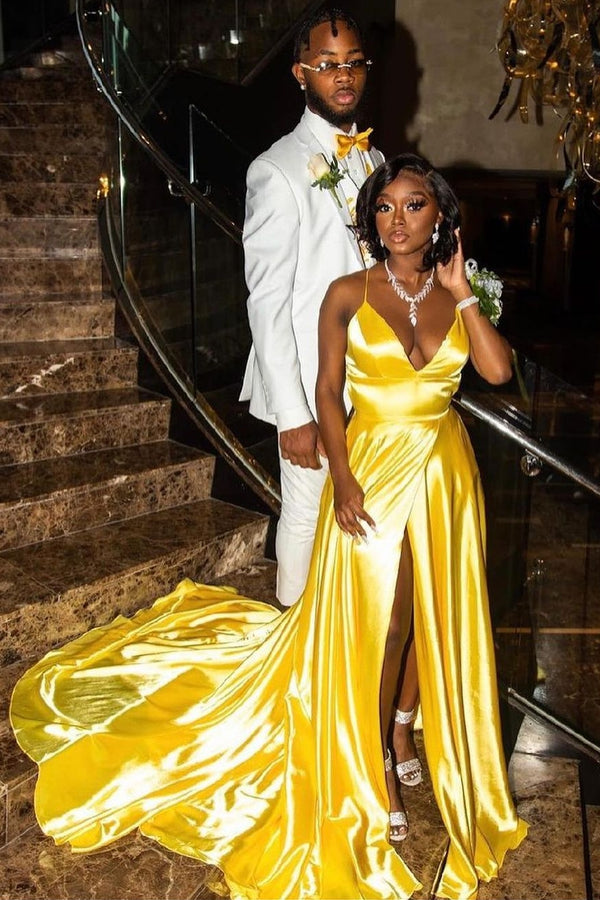 Hot Yellow Spaghetti Straps Side Slit Sexy Evening Dress