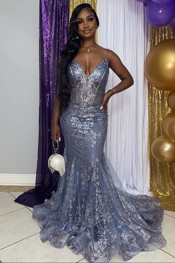 Gray Lace Appliques Spaghetti Straps Mermaid Prom Dress