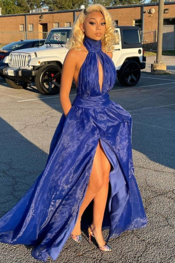 Fashion Blue Backless High Neck A-Line Evening Dress
