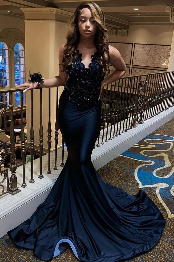 Sexy Black Appliques V-Neck Sleeveless Evening Dress