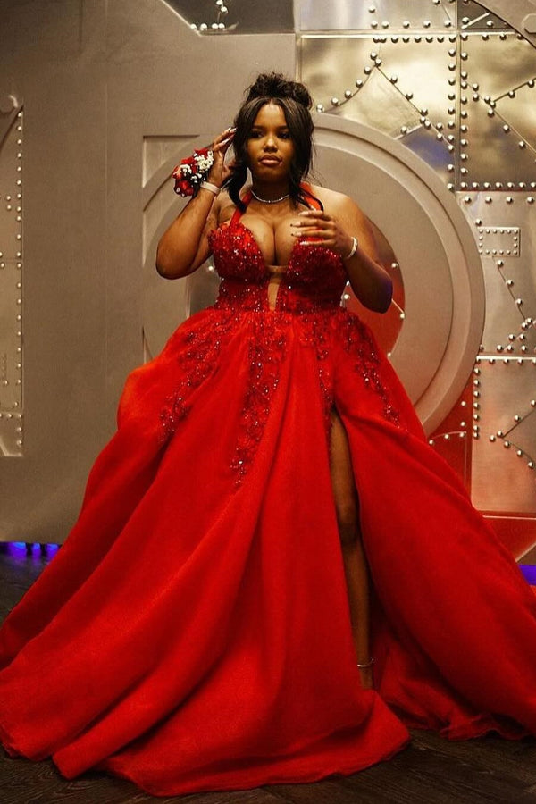 Plus Size Red Halter A-Line Tulle Side Slit Prom Dress with Beads