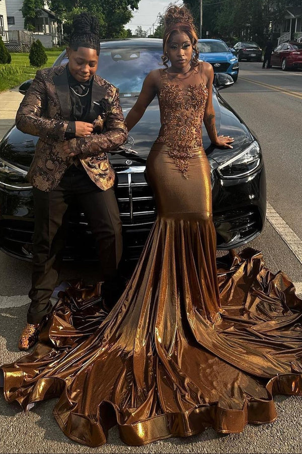 Sparkly Brown Jewel Crystal Mermaid Prom Dress