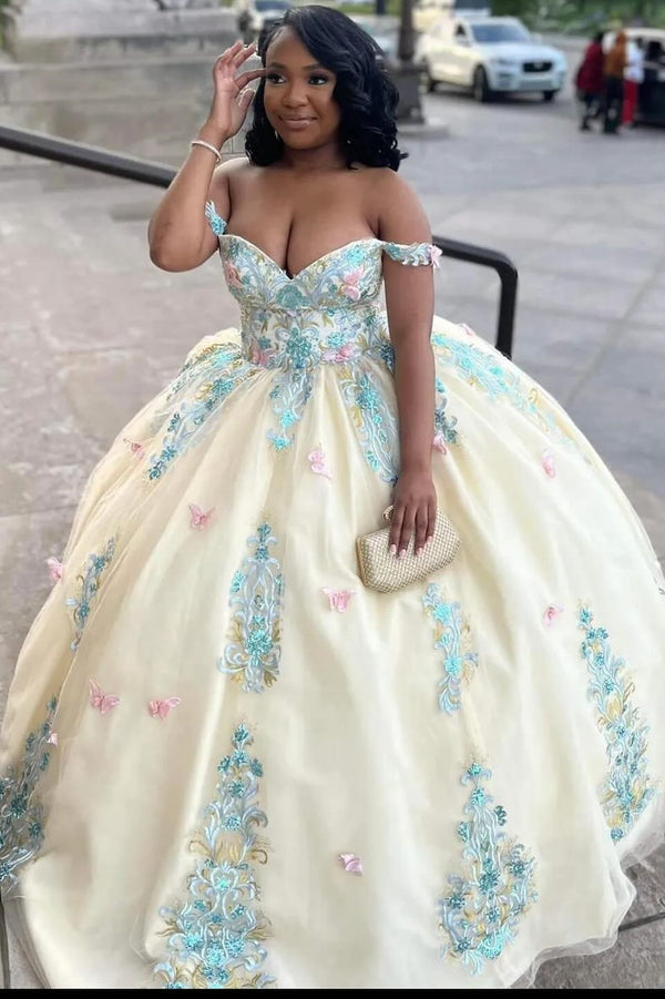 Gorgeous Champagne Off Shoulder Appliques Ball Gown Prom Dress