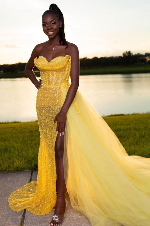 Newest Yellow Sweetheart Sheath Side Slit Tiered Evening Dress
