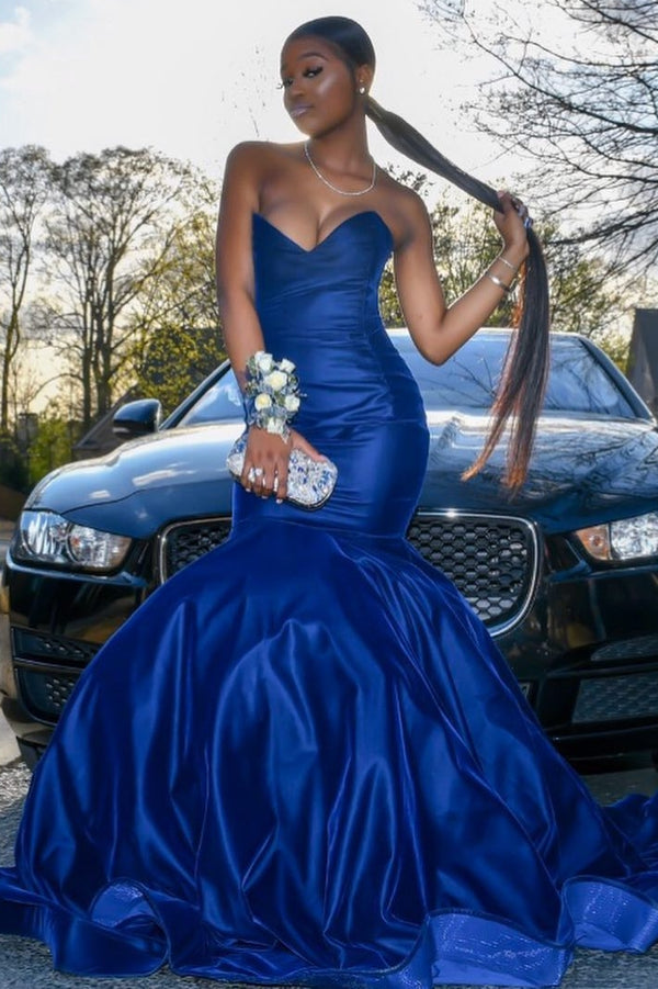 Simple Navy Blue Soft Satin Sweetheart Mermaid Evening Dress