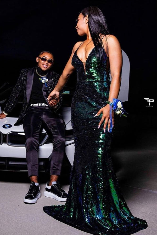 Fashion Green Sequins Spaghetti Straps Sheath Prom Dress