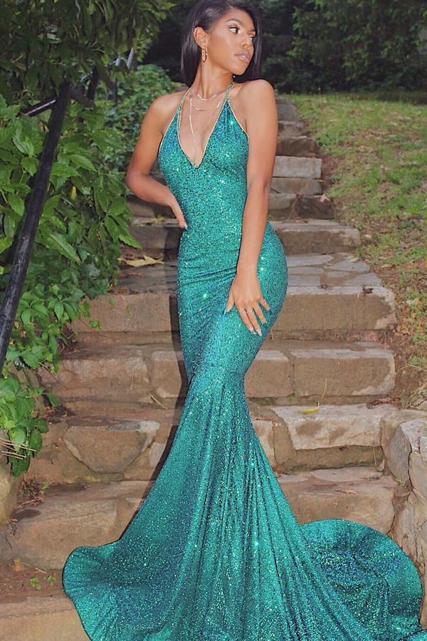 Sexy Backless Sequins Halter Mermaid Evening Dress