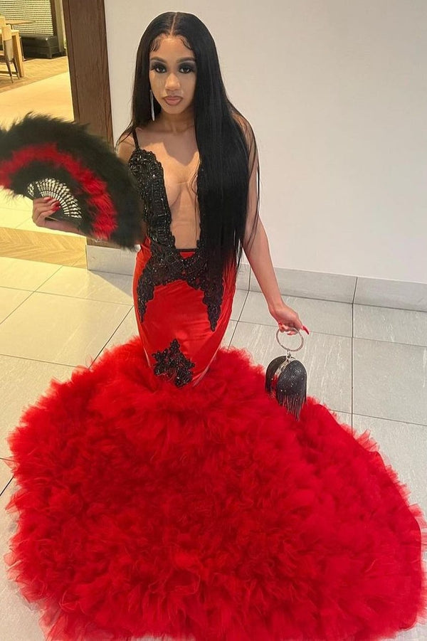 Sexy Red Spaghetti Straps Tulle Mermaid Appliques Prom Dress