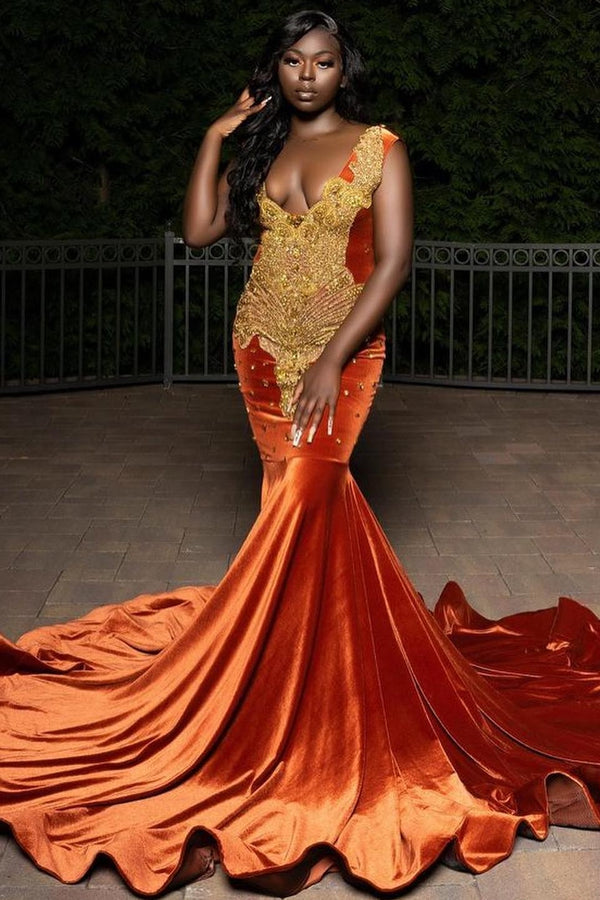 Orange Velvet V-Neck Crystal Mermaid Prom Dress