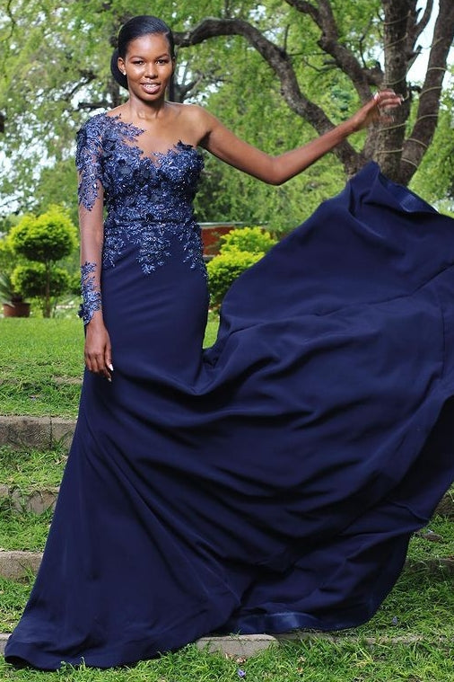 Navy Blue One Shoulder Appliques Long Sleeves Evening Dress