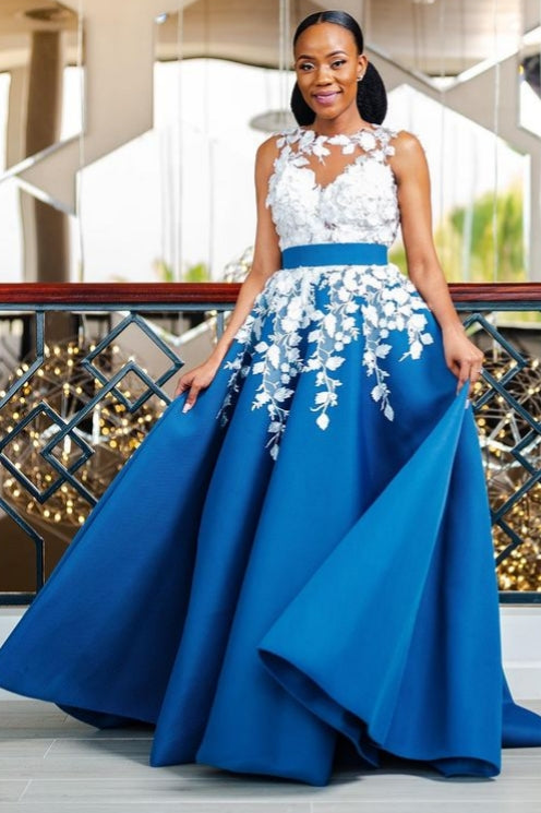 Blue A-Line Sleeveless Jewel Appliques Open Back Evening Dress
