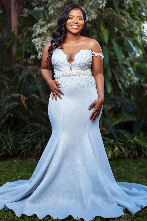 Elegant White Off Shoulder Appliques Mermaid Evening Dress with Pearls