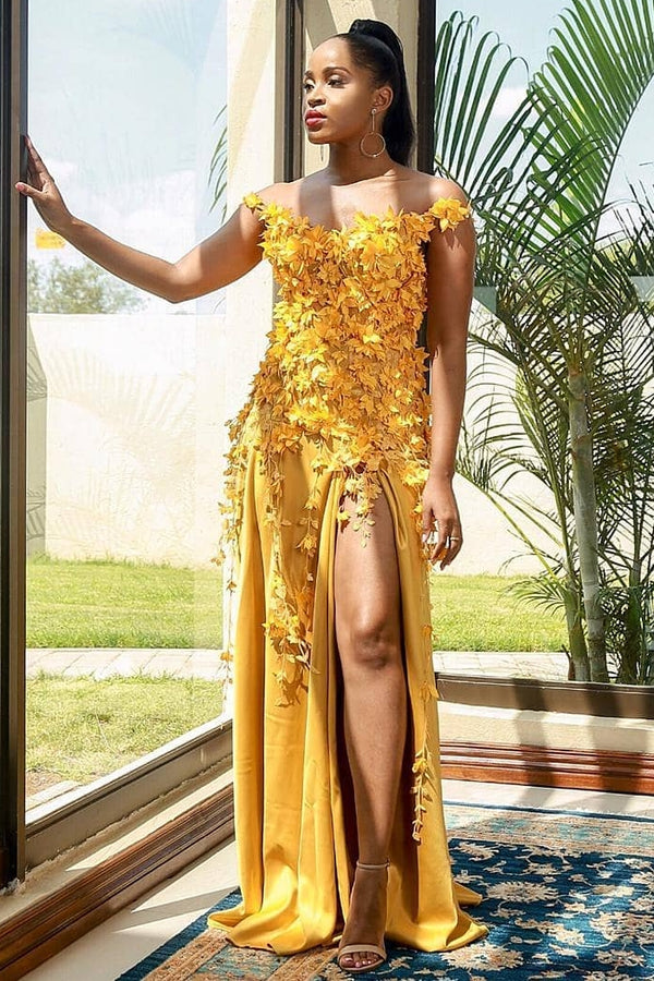 Yellow Off Shoulder Appliques Side Slit A-Line Prom Dress