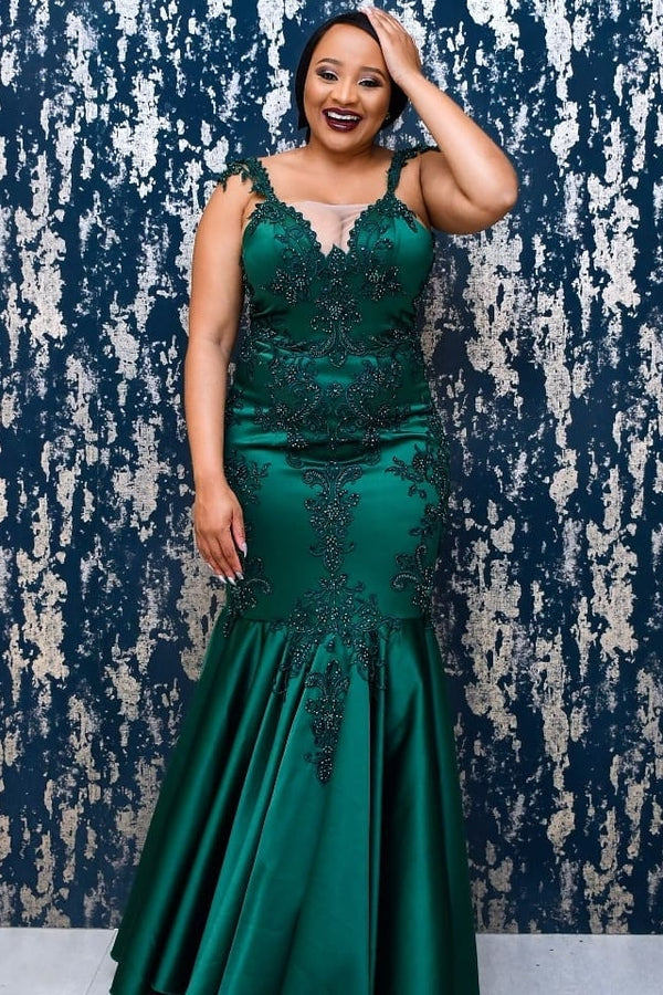 Dark Green Straps Appliques Mermaid Evening Dress