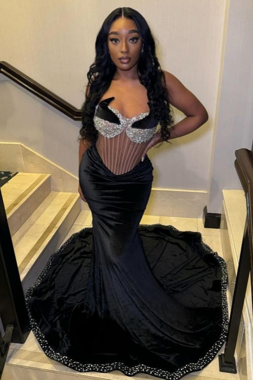 Black Sweetheart Soft Satin Mermaid Prom Dress with Beadings