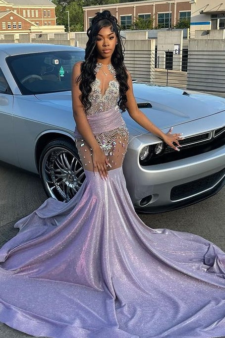 Purple Mermaid Crystal Sleeveless Prom Dress