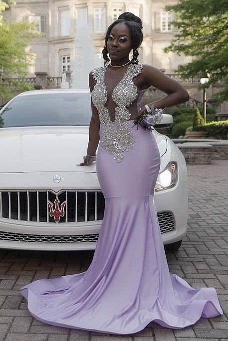 Sexy Purple Mermaid Sleeveless Prom Dress with Crystal