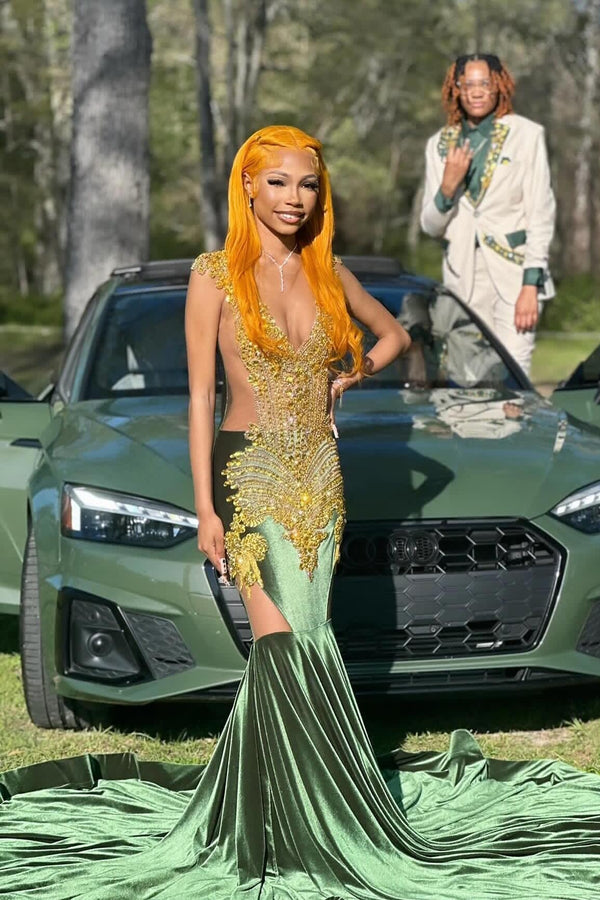 Oliver Green Velvet Crystal Mermaid Prom Dresses