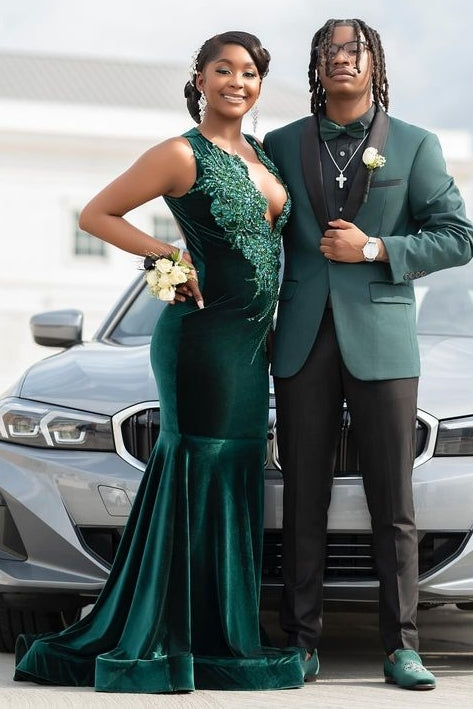 Dark Green Velvet Deep V-Neck Appliques Prom Dress