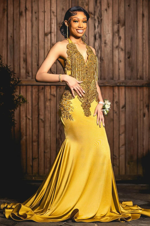Hot Yellow Halter Mermaid Prom Dress with Crystal