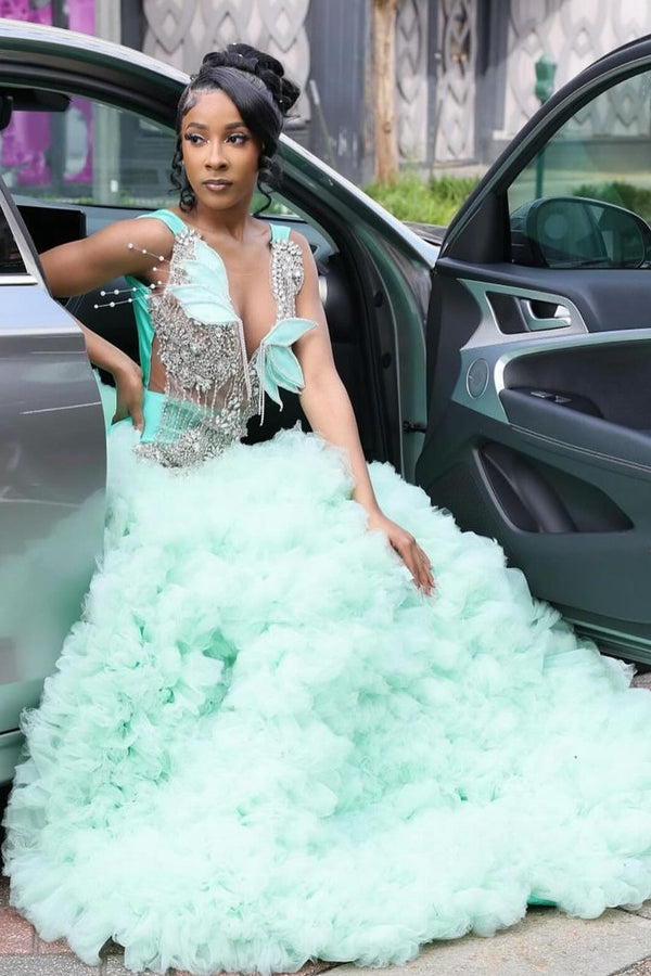 Fashion Mint Straps Ruffles Sleeveless Prom Dress with Crystal