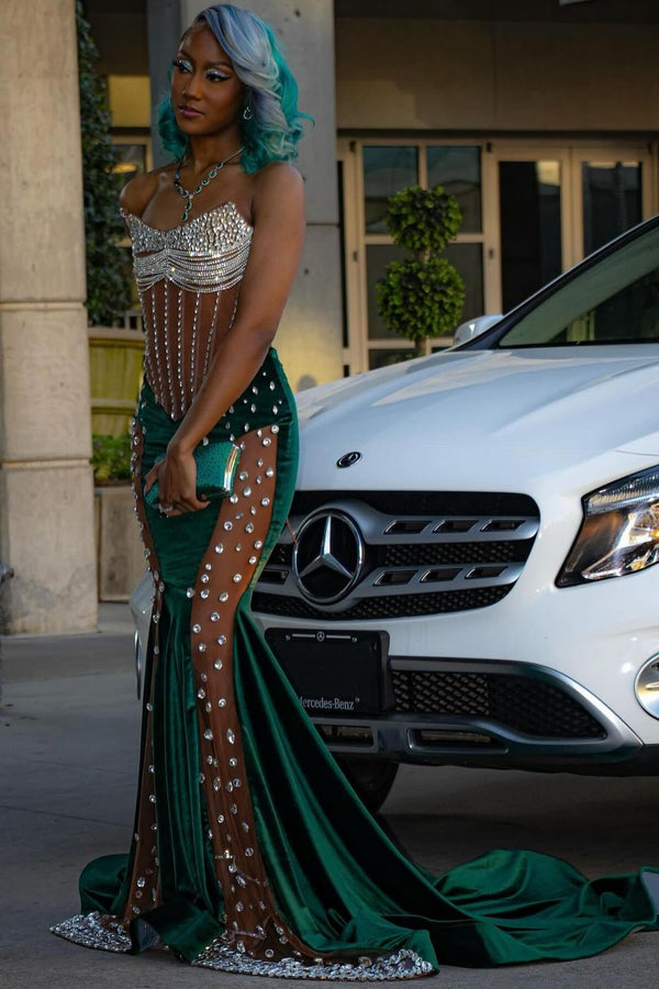 Bling Green Velvet Sweetheart Crystal Mermaid Prom Dress