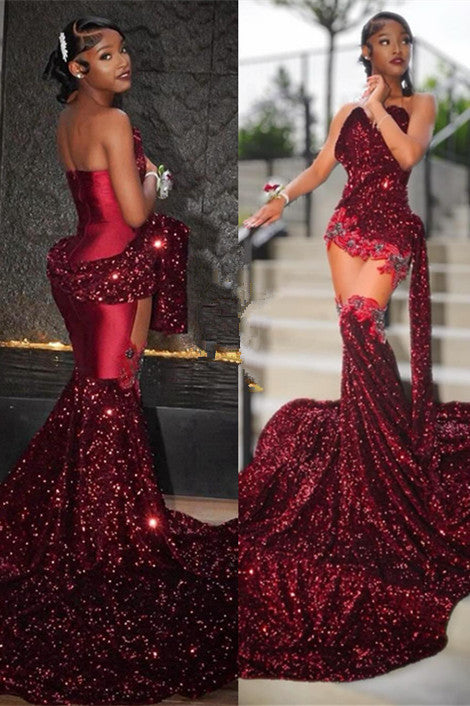 Burgundy Sweetheart Mermaid Sequins Prom Dress with Crystal