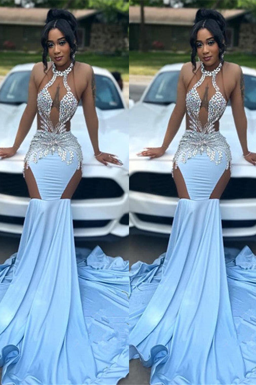 Sky Blue Sheer Tulle Halter Crystal Sexy Prom Dress