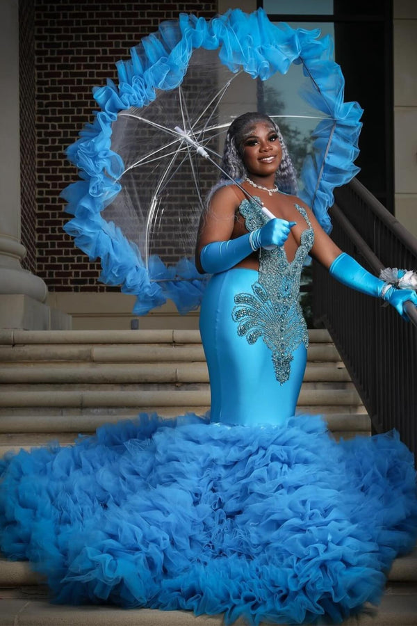 Ocean Blue Plus Size Sleeveless Crystal Ruffles Prom Dress