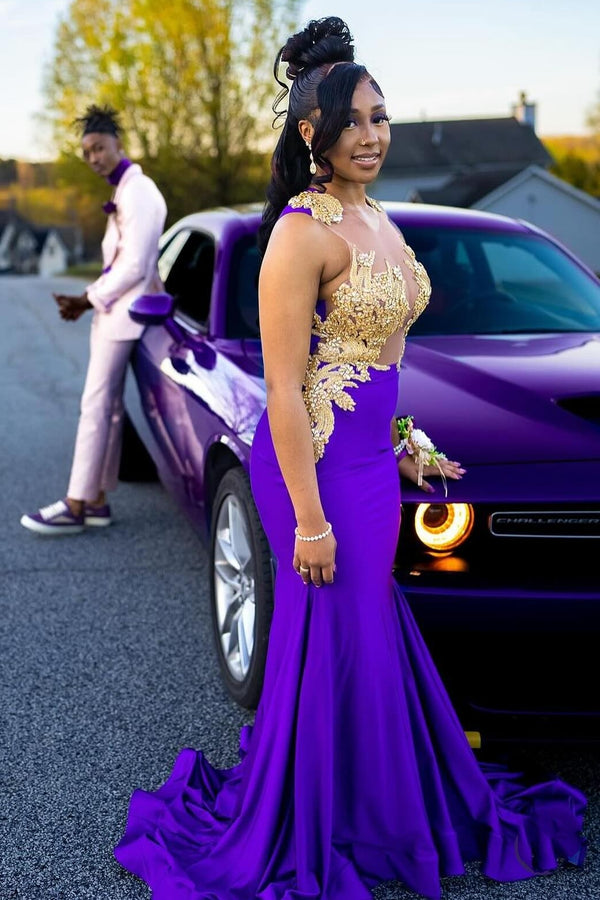Gorgeous Purple Sleeveless Appliques Beads Prom Dress