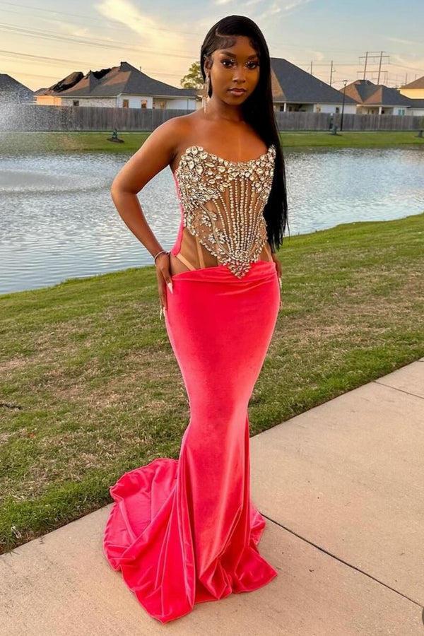 Candy Pink Sweetheart Velvet Crystal Sheath Prom Dress