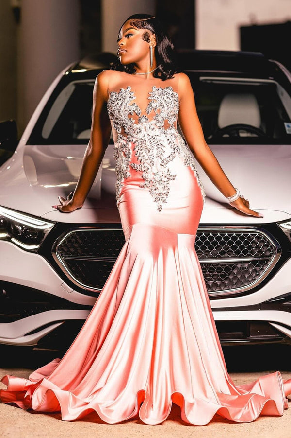 Pink Soft Satin Crystal Mermaid Sleeveless Prom Dress