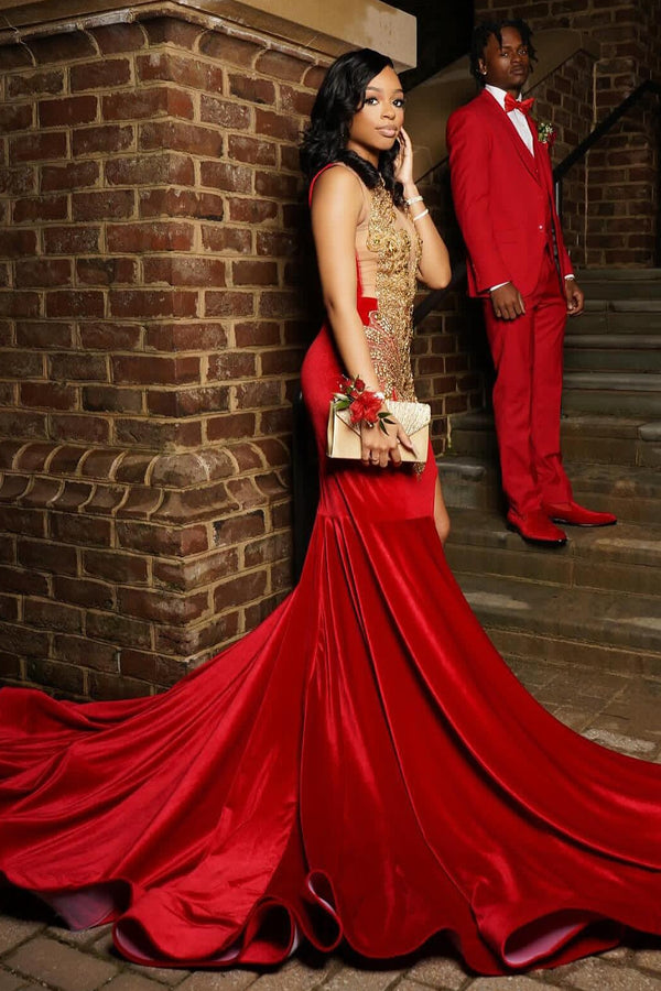 Fashion Red Side Slit Crystal Sleeveless Sexy Prom Dress