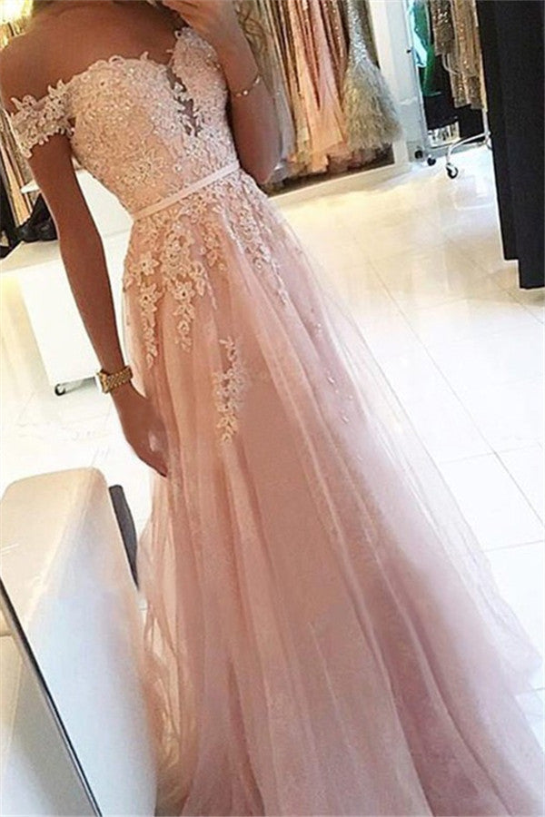 Lovely Pink Off Shoulder Tulle Appliques A-Line Prom Dress