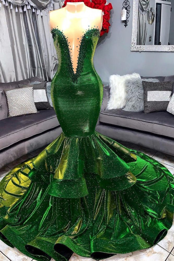Glamorous Green Sequins Sheer Tulle Sleeveless Prom Dress with Beadings