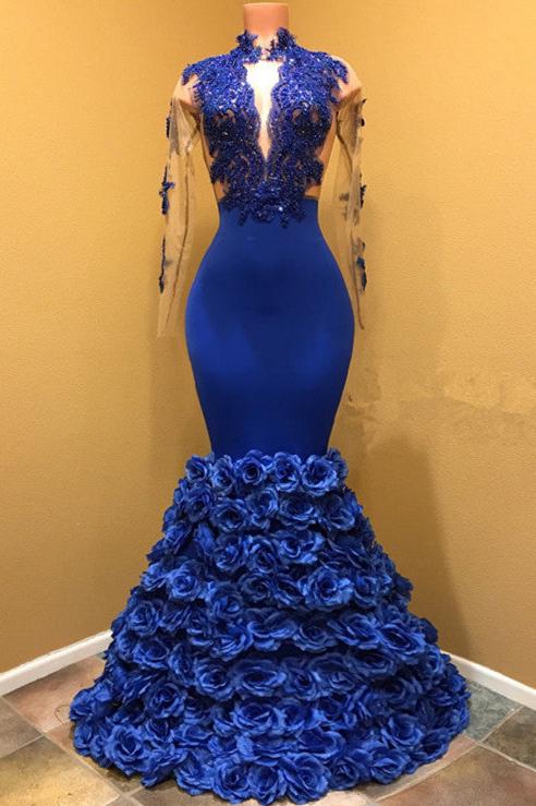 Royal Blue Flowers High Neck Long Sleeves Appliques Modern Prom Dress