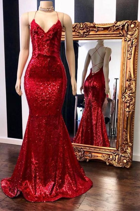 Fashion Red Spaghetti Straps Appliques Sequins Open Back Prom Dress